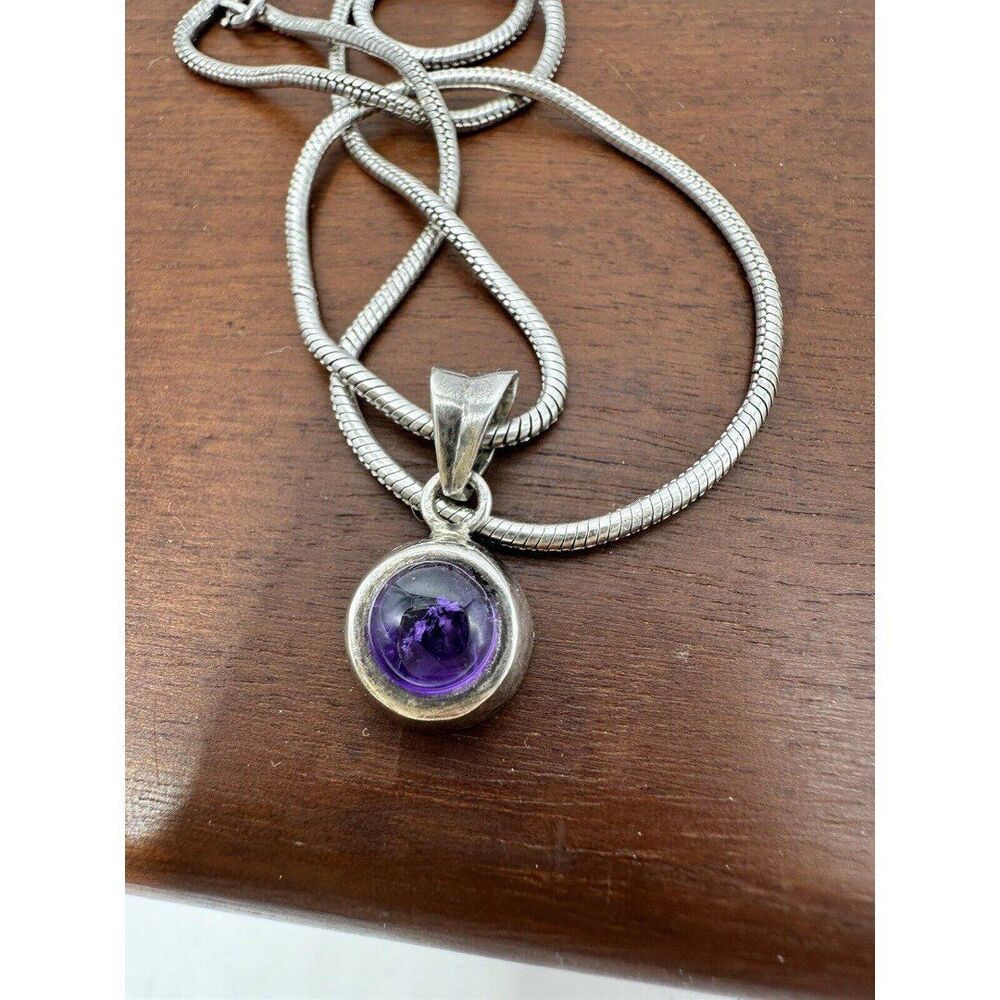 Sterling Silver Snake Chain Bezel Set Purple Stone Pendant 16” Necklace